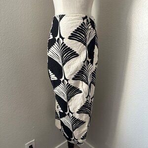 House Of Harlow Flat Front Faux Wrap Midi Skirt Linen Blend Black & White Print